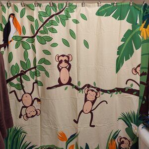 MONKEY SHOWER CURTAIN, TAN LINER, HOOKS, TOOTHBRUSH HOLDER/CUP, AND RUG